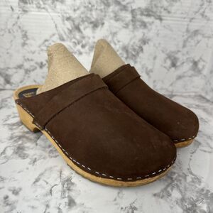 Vollsjo Sweden Womens Wooden Stapled Mule Clog Size 41/11 Brown Nubuck Leather